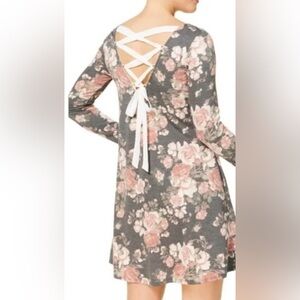 NWOT - Floral Lace-Up Back Long Sleeve Swing Dress